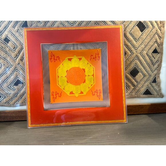 ROSENTHAL GLASS DISH CHINESE YUN CLOUDS & LONGEVITY SYMBOL ORANGE YELLOW